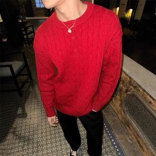 打底本命年红色针织衫冬季男款高级感亨利领慵懒重工编织毛衣麻花