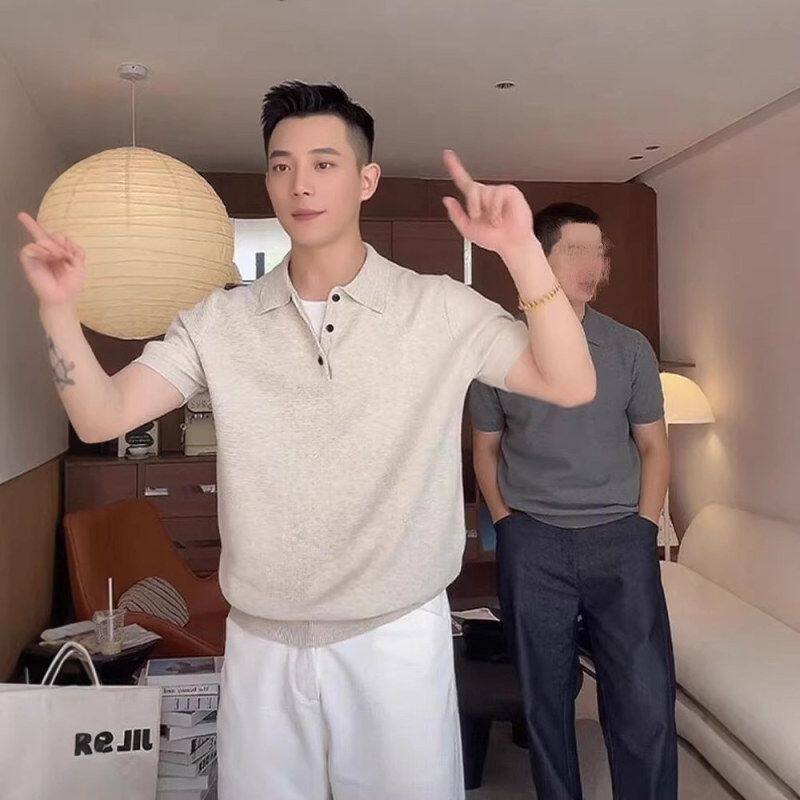 衫高级感有领轻薄P半袖搭杏色短袖T恤男修身olo风穿夏季老钱商务