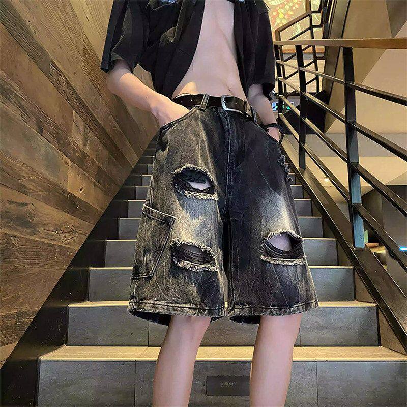 宽松牛仔男生五分裤美式短裤男款休闲潮牌夏季破洞裤子中潮流直筒