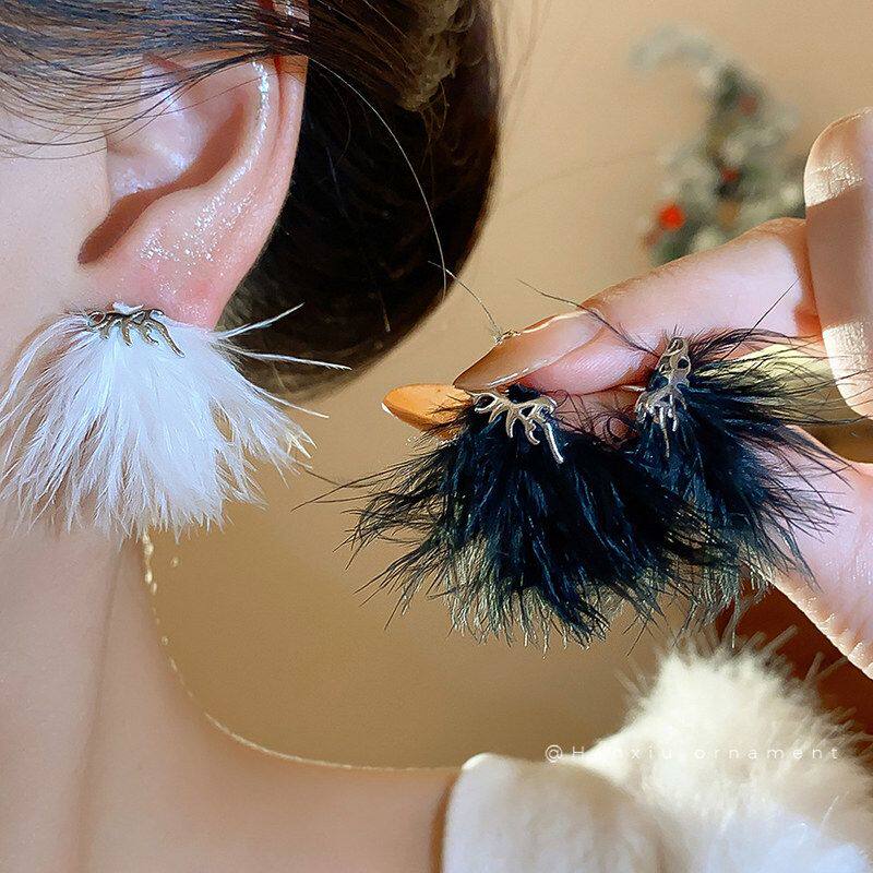 甜美耳钉时尚耳环流苏羽毛高级感百搭耳饰轻奢银针个性设计感小众