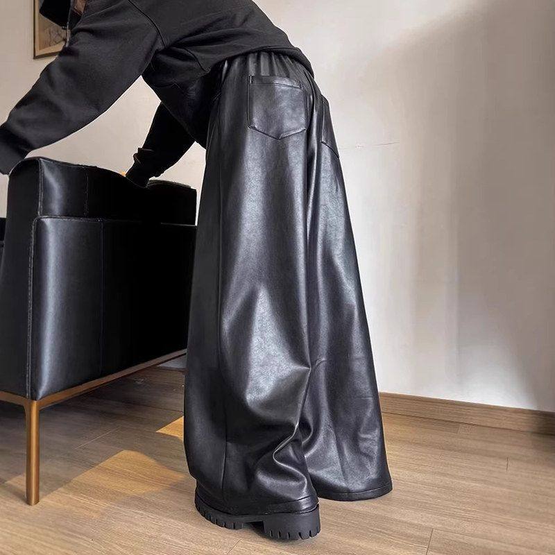 春秋美式宽松皮裤直筒休闲裤设计感小众机车潮牌高级感PU男阔腿裤,男装,皮裤,淘宝优惠券,粉丝福利购,淘宝优惠卷