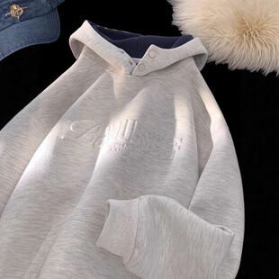 高领秋冬半重磅排扣花硬挺灰色卫衣外套美式加厚加绒男女慵懒连帽