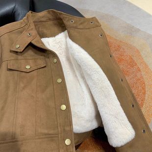 男女加绒绒小个子麂皮鹿皮夹克绒短款新款加厚秋冬季休闲外套工装