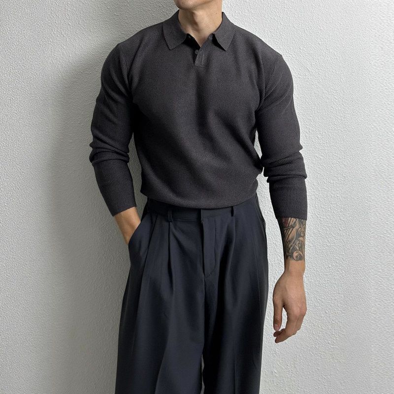 弹力搭衫高级感男士韩版p深灰色上衣内打底衫olo修身翻领毛衣针织