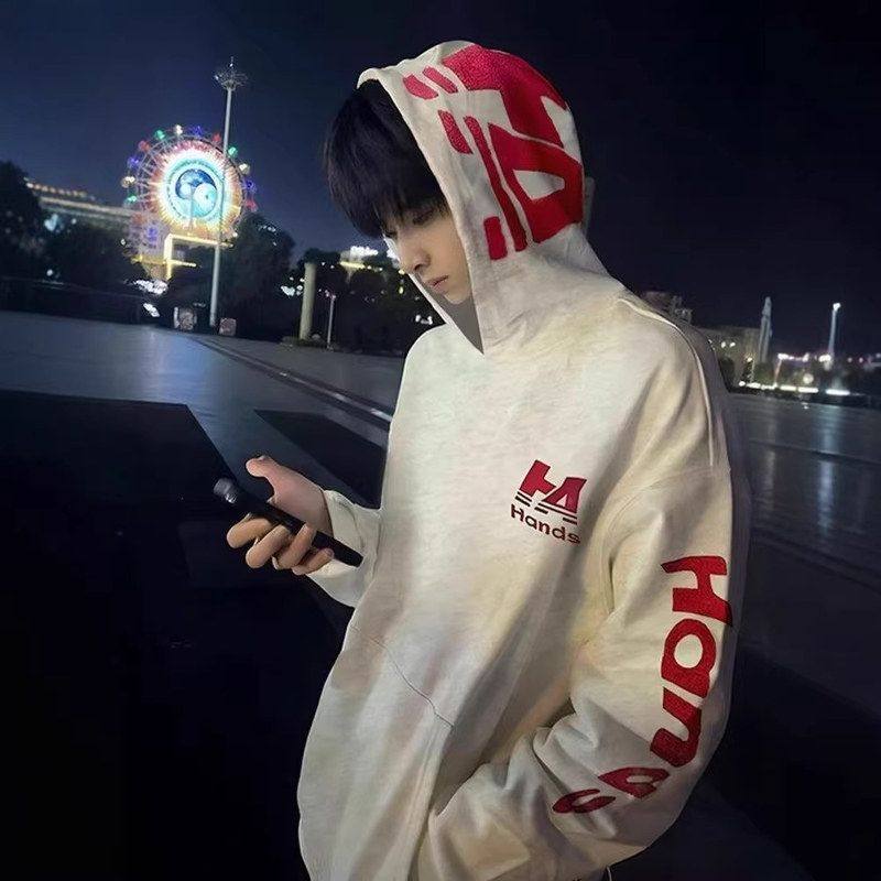 高街美式vibe风春秋复古字母上外套卫衣刺绣情侣男女连帽衣服冬季