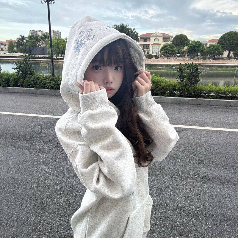 连帽卫衣外套刺绣高街雪花男女加绒加厚美式小众冬潮牌情侣设计感