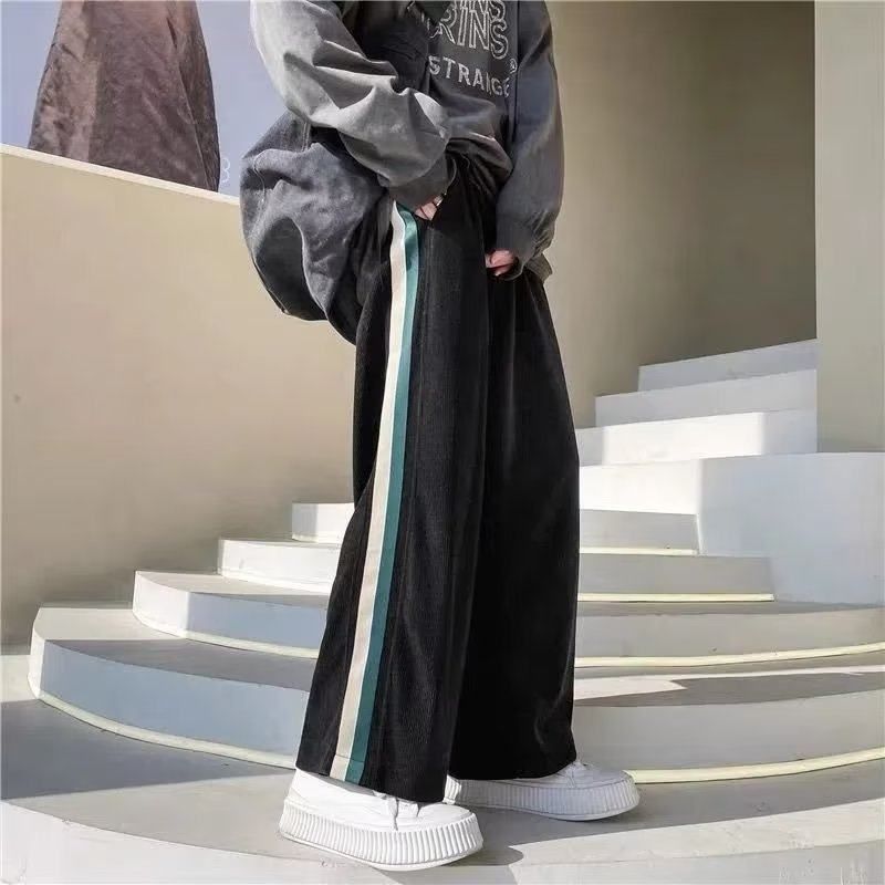 潮牌高街撞色条纹休闲裤男秋季ins港风时尚潮流宽松直筒坠感长裤
