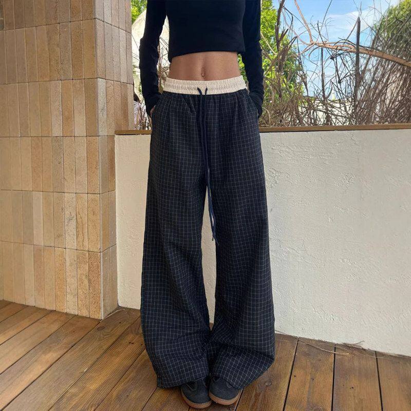 夏季格子阔腿运动休闲裤显瘦弯刀裤风复古美式裤男款宽松美式慵懒