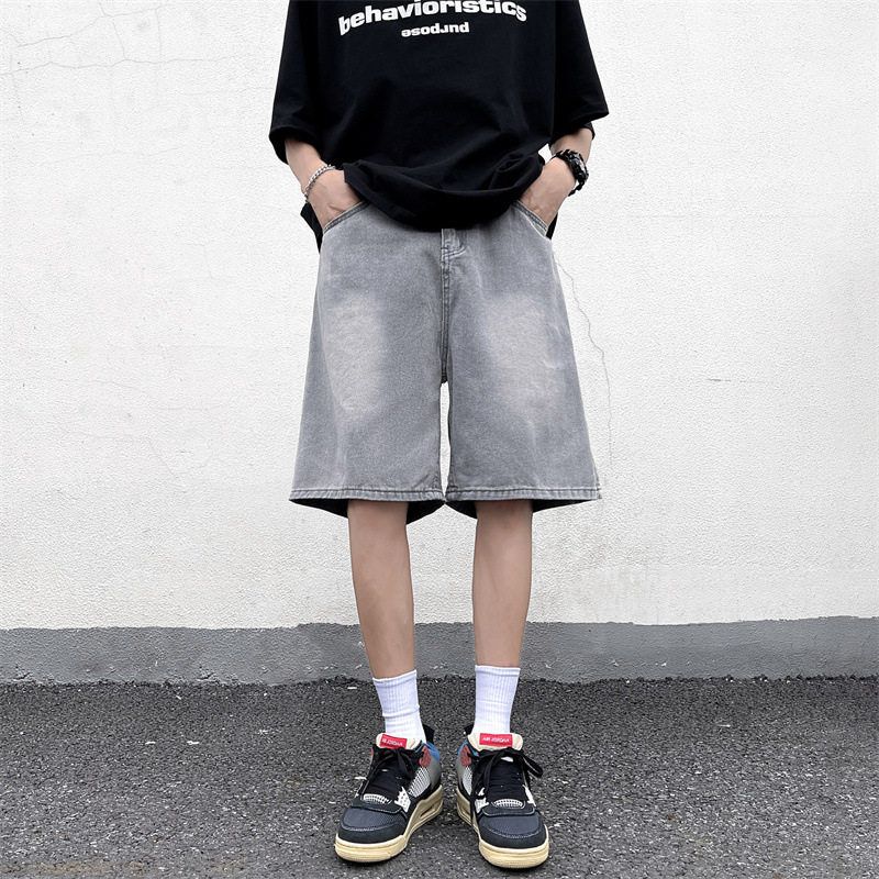 休闲男生宽松松紧高街美式百搭抽绳五分裤夏季阔腿牛仔短裤腰直筒