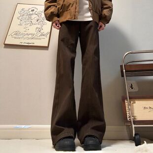 弯刀美式冬季直筒复古咖啡色微喇裤裤潮牌高街斜切美式牛仔裤男款