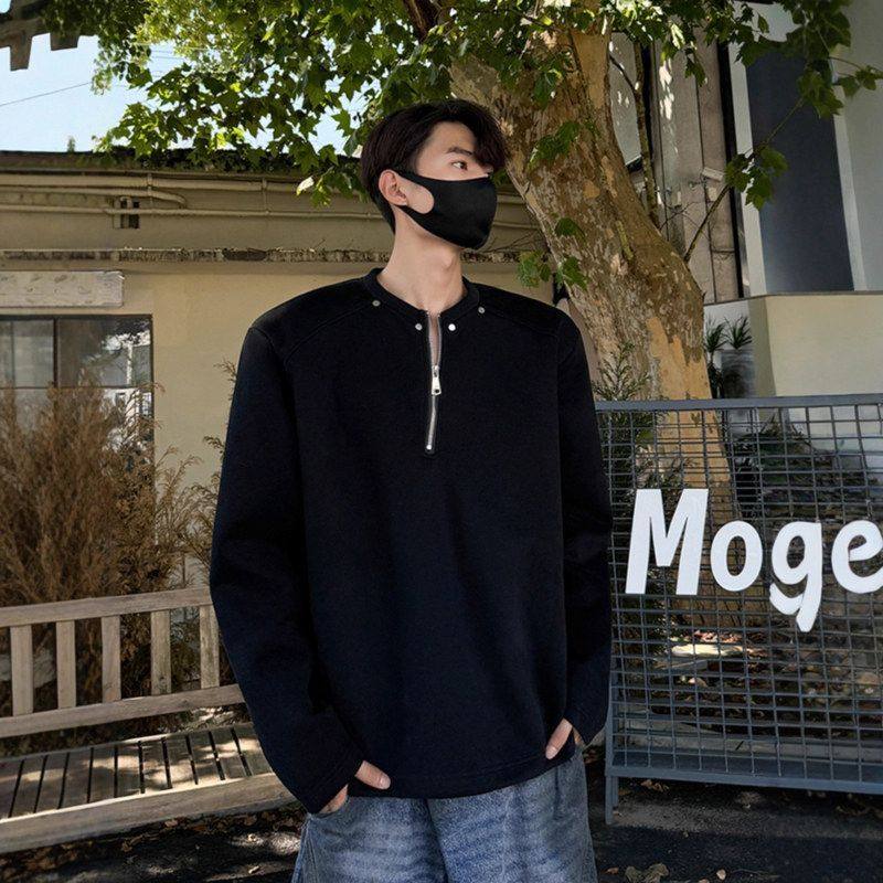 短款拉链痞帅卫衣垫肩宽松半上衣华夫格长袖男款美式秋季高街休闲