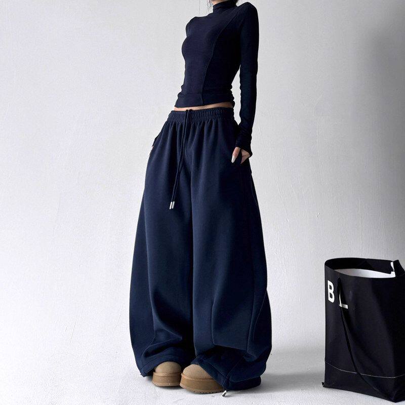 新款男女运动裤秋冬季休闲裤百搭藏青色阔腿卫裤加绒加厚重磅宽松