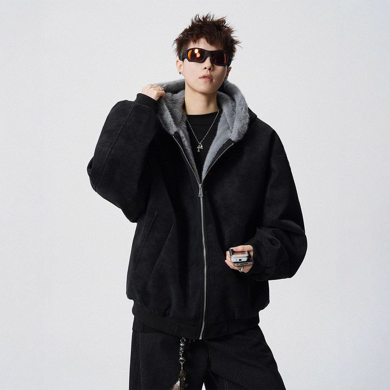 加厚座山雕连帽毛领冬季加绒保暖PU男宽松棉衣情侣棉服潮牌外套皮