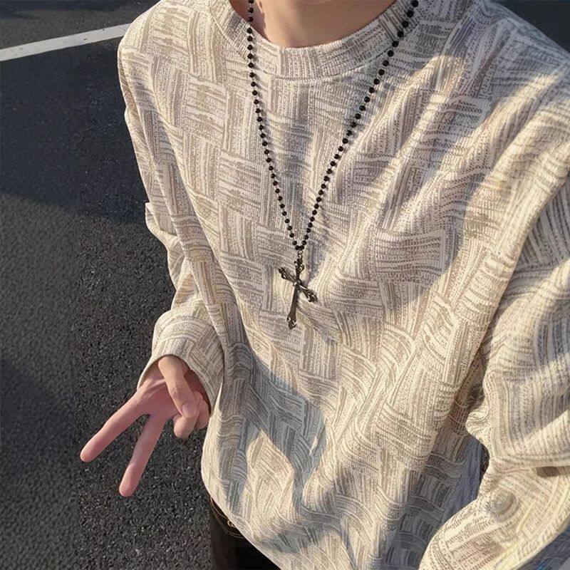 潮牌长袖格纹痞帅搭打底衫高级感扎染上衣男款宽松美式T恤内春季