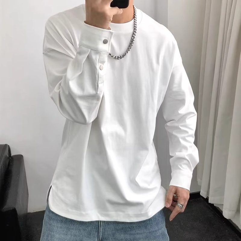 秋季新款纽扣小领口纯色打底衫衣服男士 设计感纽扣上长袖t恤卫衣