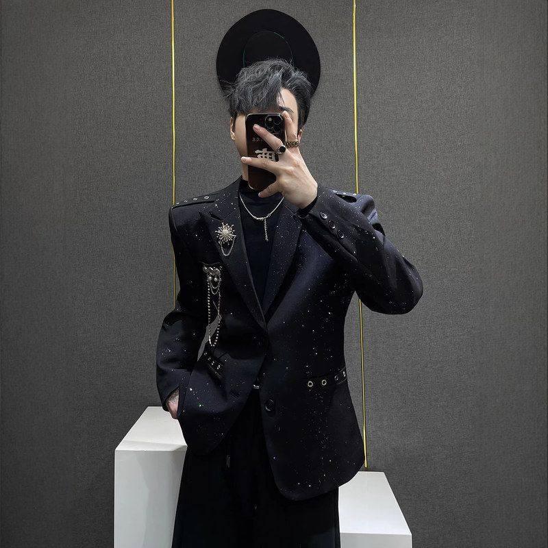 黑色春季潮流炸街男士西装满天星外套胸针韩版烫金高级感装饰西服