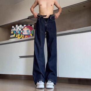 冬季美式牛仔裤微喇裤c男款le弯刀复古anfit修身丹宁子直筒阔腿裤