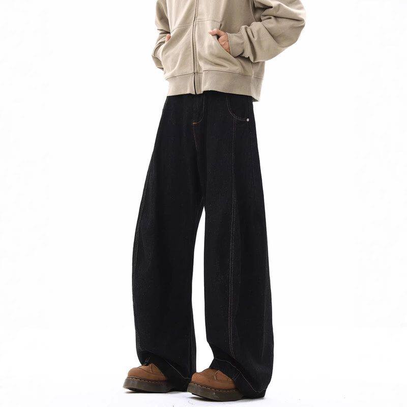 潮牌男高街直筒丹宁长黑色美式宽松弯刀高级感阔腿牛仔裤拖地裤子