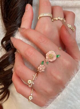 锆石气质电镀轻奢真金滴油指环手饰女戒指小众14k花朵高级感甜美