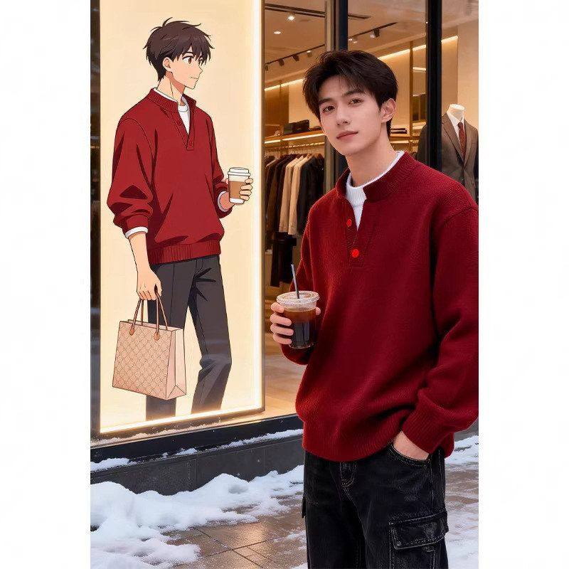 穿安可拉搭男款v新年针织衫搭内本命年假两件领冬季红色打底毛衣