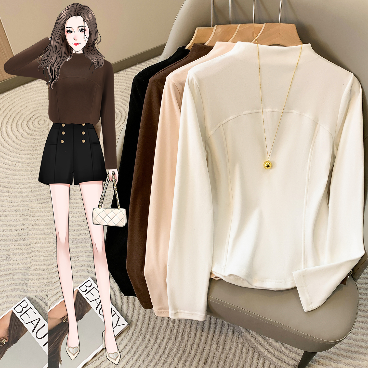 德绒半高领内搭打底衫女2025秋冬新款修身磨毛鱼骨百搭显瘦上衣