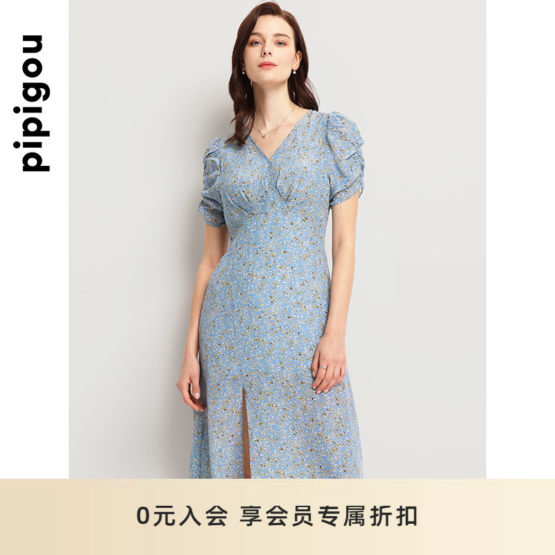 皮皮狗夏季新款V领泡泡袖高腰印花真丝连衣裙桑蚕丝中长款A字裙