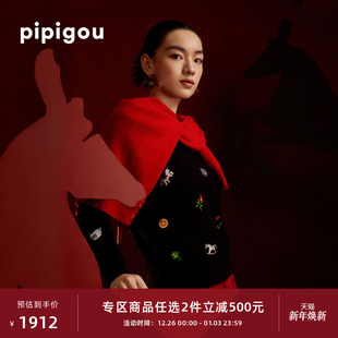 女士圆领羊绒套衫 皮皮狗25秋冬新款 生肖马图绣花套头衫 新年红