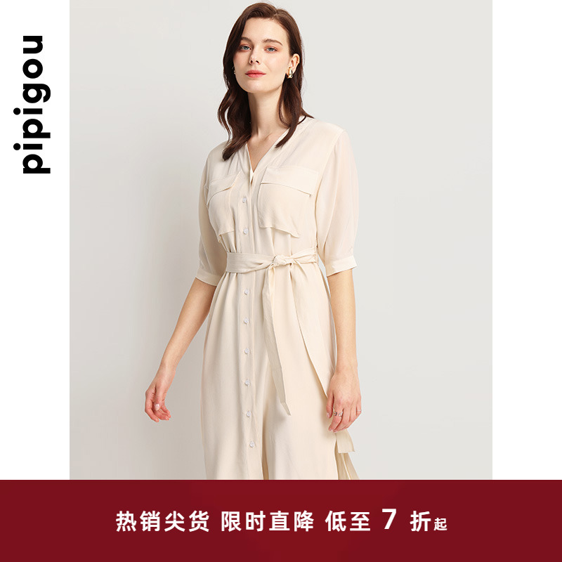 皮皮狗春夏新款双口袋真丝衬衫裙时尚通勤系带中袖长裙子