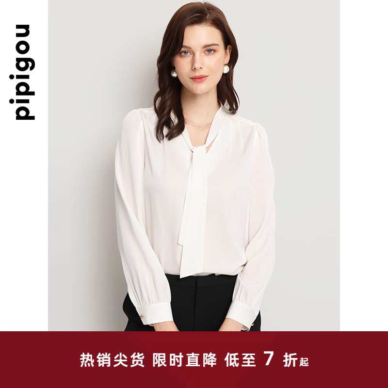 皮皮狗飘带长袖桑蚕丝衬衫