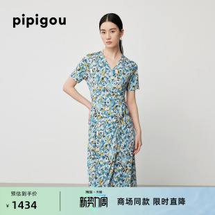 皮皮狗夏新款 V领腰带抽褶桑蚕丝印花真丝连衣裙