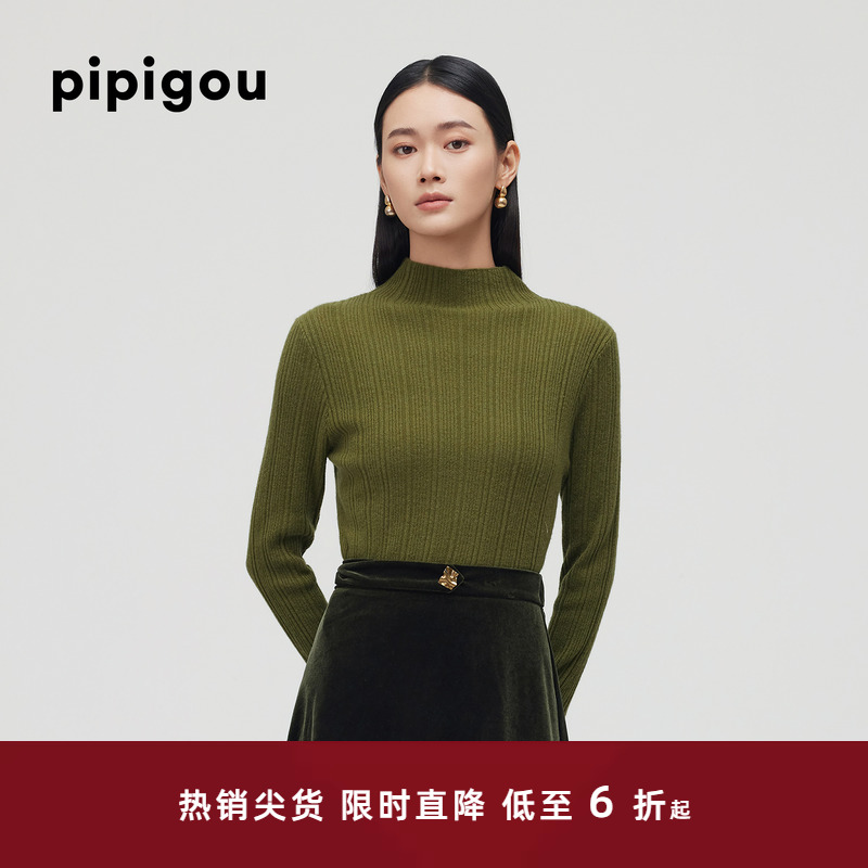 皮皮狗半高领修身抽条羊绒衫毛衣