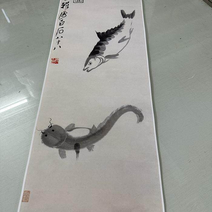 齐白石水墨国画三鱼图复古书画真迹微喷仿古装裱挂轴玄关客厅装饰