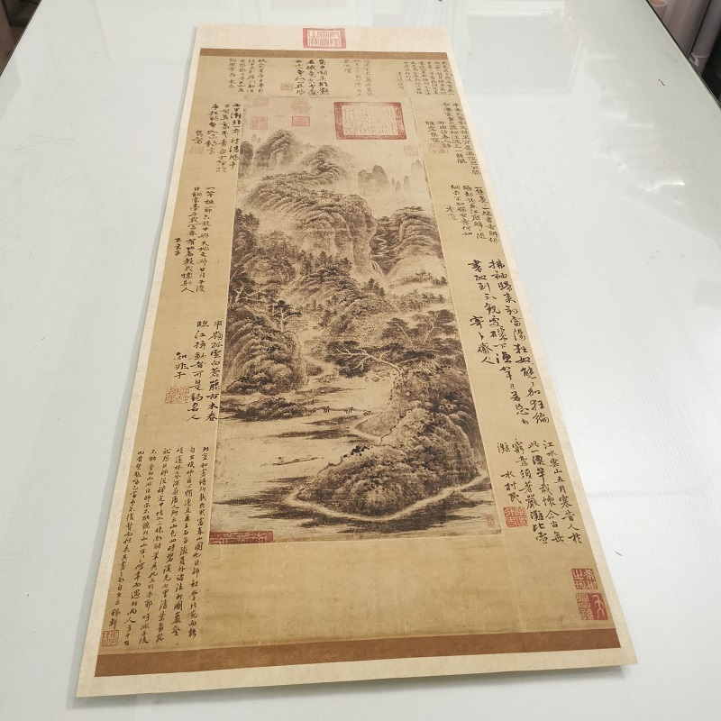 五代十国巨然富春山图复古书画山水国画真迹高清微喷仿古挂轴装饰