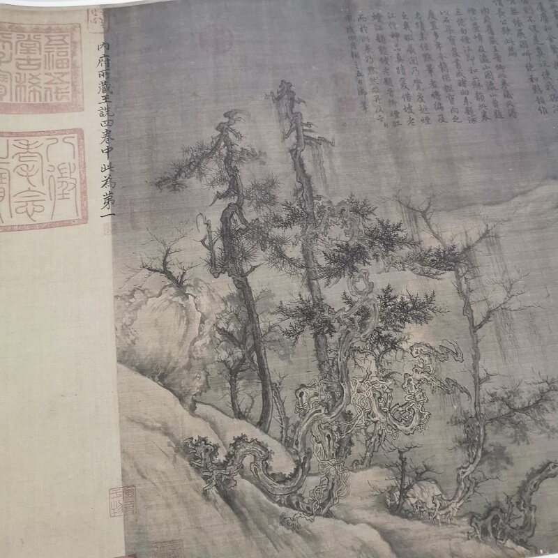 王诜渔村小雪图卷复古水墨书画山水横幅国画微喷仿古怀旧手卷装裱