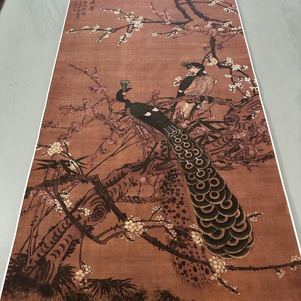 清代梅花孔雀图复古书画花鸟国画真迹微喷宣纸仿古装裱挂轴装饰画图片