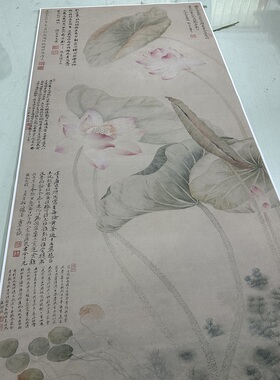 唐红莲绿藻图复古书画花卉荷花真迹高清微喷仿古国画装裱装饰画