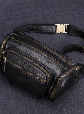 韩版潮腰包男真皮单肩斜挎包大容量手机包头层牛皮胸包生意收钱包