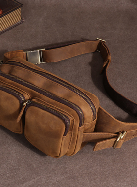 疯马皮胸包男真皮简约头层牛皮斜挎包休闲大容量多功能腰包单肩包