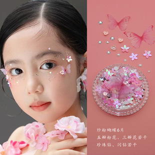 儿童舞台妆蝴蝶结脸贴演唱会免胶水钻贴粉紫色蓝色立体薄纱蝴蝶妆