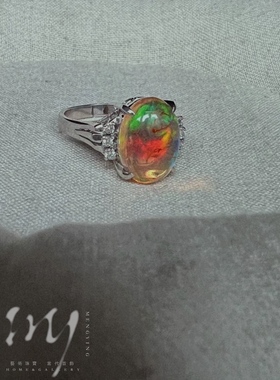 My Jewelry｜墨西哥火欧泊 彩虹变彩戒指 铂金900 天然钻石