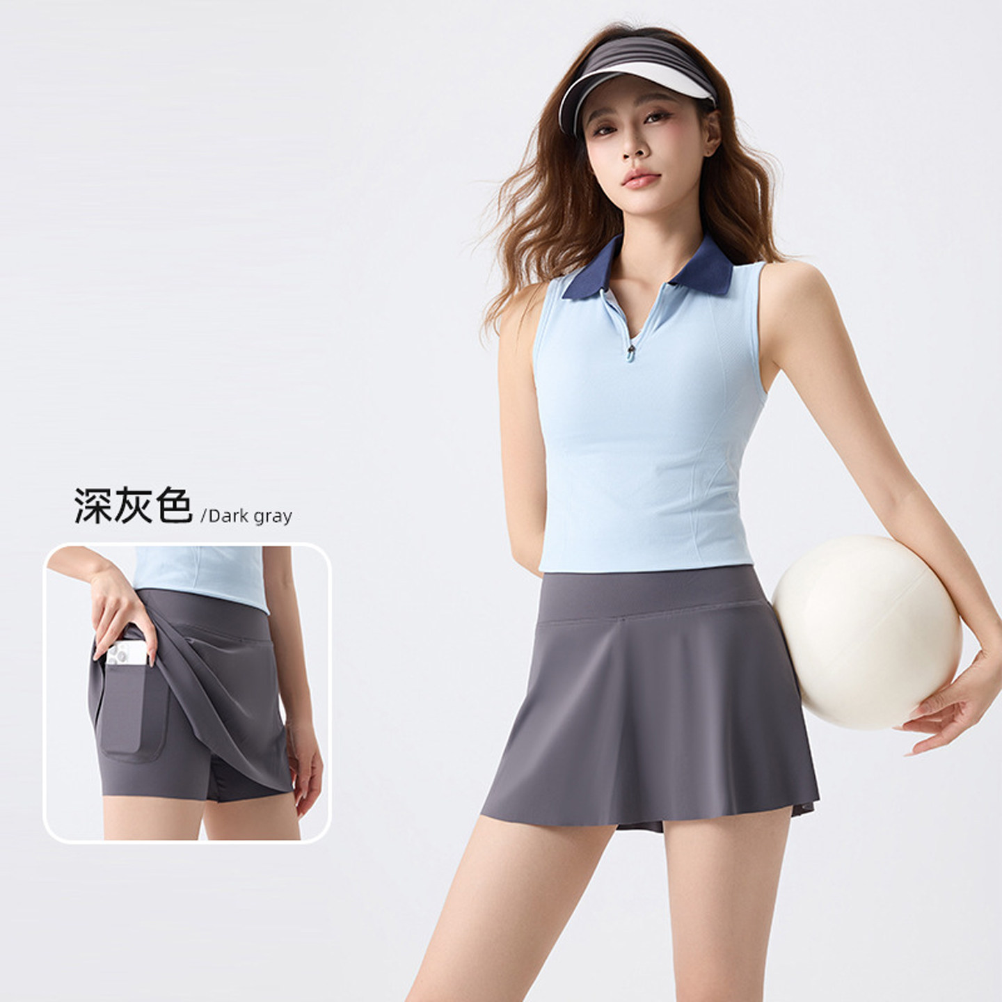 灰色口袋防走光网球裙夏季薄款
