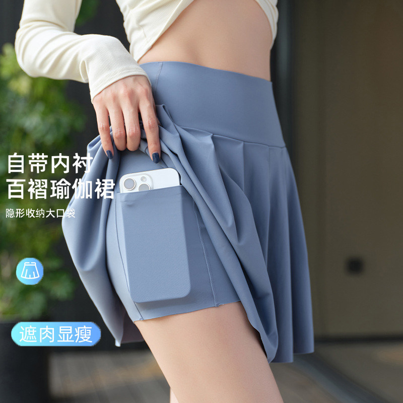 蓝色口袋半身裙女2025新款秋瑜伽运动网球百褶裙裤a字防走光短裙