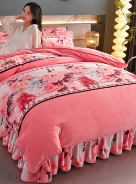 加厚床上牛奶绒四件套冬季珊瑚绒双面毛绒被套法兰绒加绒床单床群