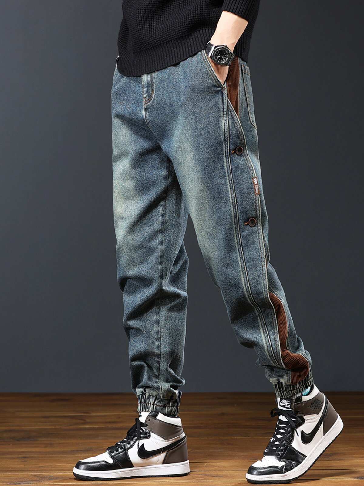 AMERICAN CASUAL LOOSE HARLAN JEANS MENS 2024 AUTUMN FASHION BRAND HEAVY RETRO WASH PANELLED LEGGING TROUSERS