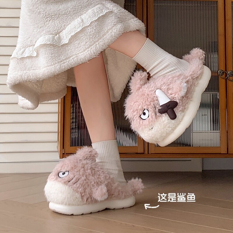 拖鞋女可爱鲨鱼毛绒棉拖鞋女款居居家棉拖/棉鞋