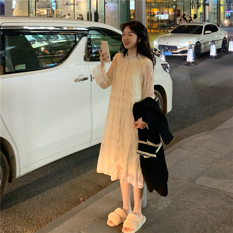 Real shot real price ~ Korean loose style long sleeve lace dress over the knee and underlay mid length skirt