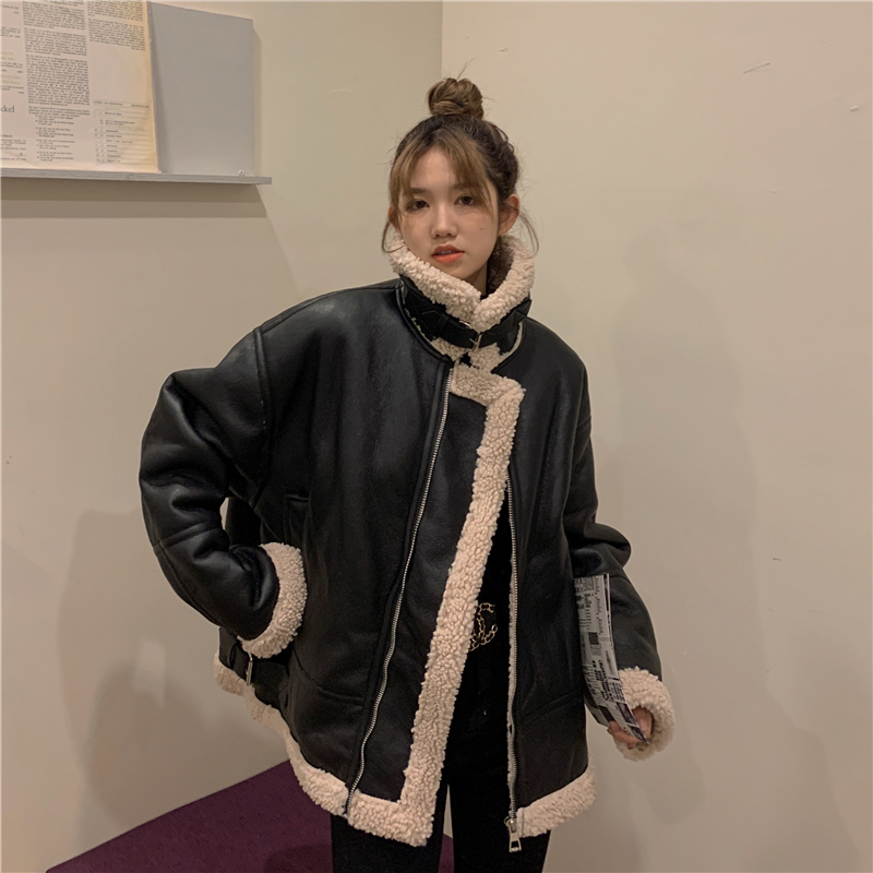 Real shot real price ~ Korean version of loose and versatile Pu fur one-piece thickened JACKET MOTORCYCLE JACKET