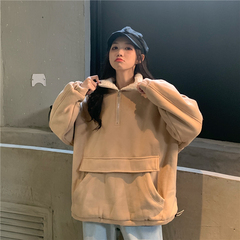! Korean loose collar zipper kangaroo pocket Plush sweater