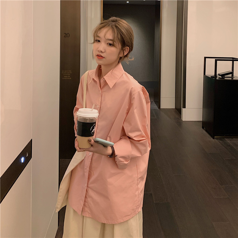 Real shot real price ~ Korean loose retro versatile foreign style solid color design sense minority Long Sleeve Shirt