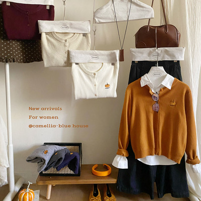 复古南瓜刺绣安迪绒针织开衫女